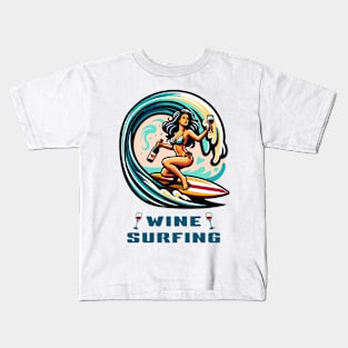 Wine Surfing funny t-shirt surfer woman in gorgeous bikini rides an ocean wave holding a wine bottle and a glass of wine Kids T-Shirt